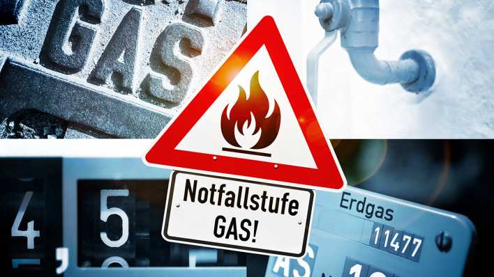 Warnschild Notfallstufe Gas, Fotomontage: IMAGO/Christian Ohde