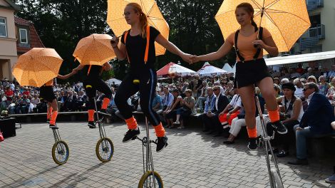 Die Einradtruppe Fredersdorf-Vogelsdorf zeigt am 03.09.2016 in Hoppegarten bei der Eröffnungsveranstaltung des Brandenburg-Tages ihr Können, Foto: Bernd Settnik/dpa