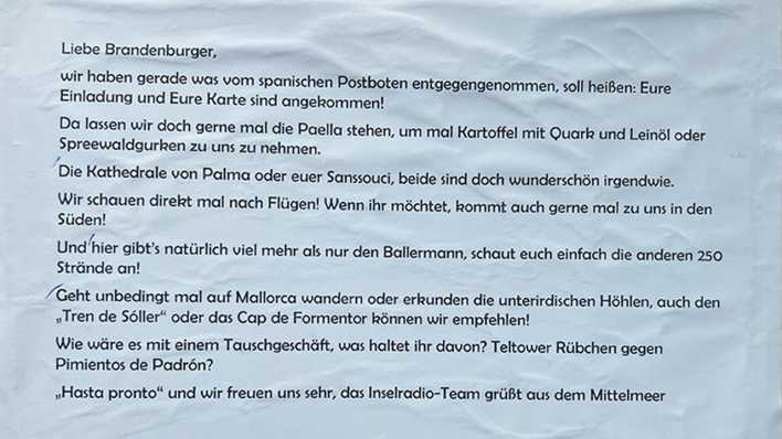 Text auf der Karte von Mallorca, Bild: Antenne Brandenburg