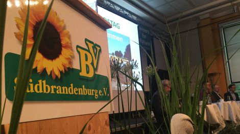 Auf einer Bühne sitzt der Vorstand des Südbrandenburger Bauernverbands.