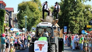 Festumzug in Burg im Spreewald Publikum an der Strecke und in der Mitte ein grüner Trecker mit Zimmerleuten